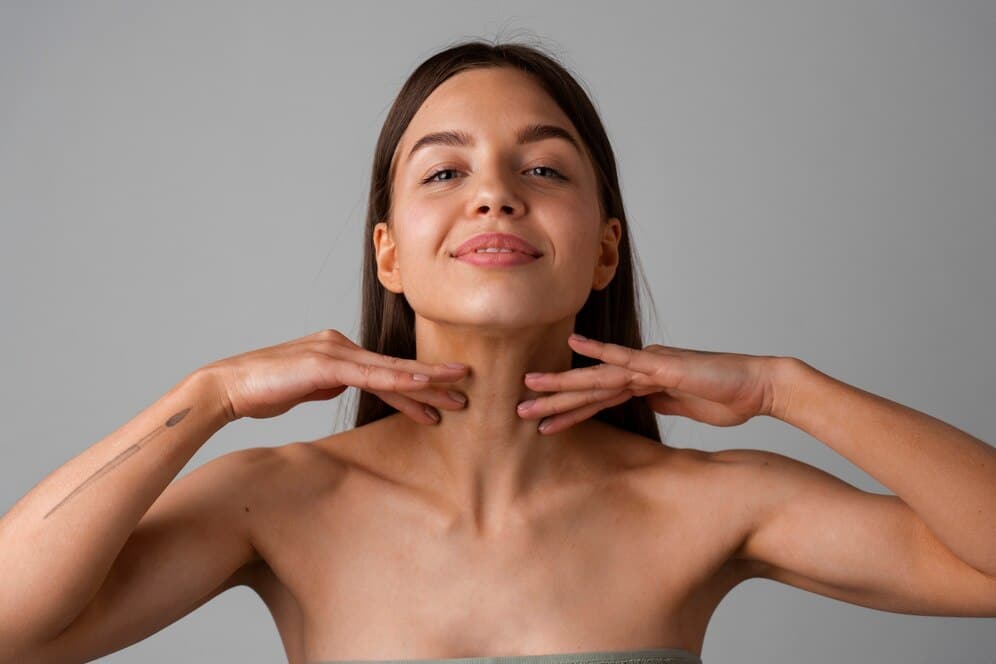 portrait young woman practicing facial yoga youth 23 2150520796